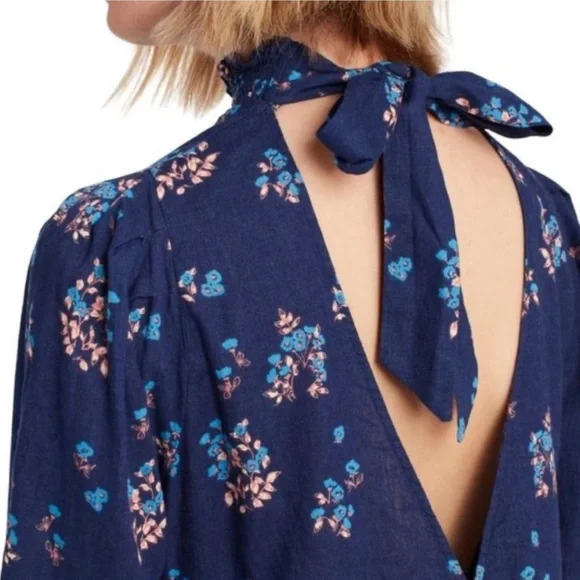 Free People Indigo Petit Fours Shock Neck Fliral Minidress Size Medium